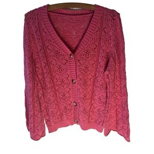 Pink Boho Knit Women Dusty‎ Rose Bell Sleeve Cutout Sweater L  Crochet Cozy